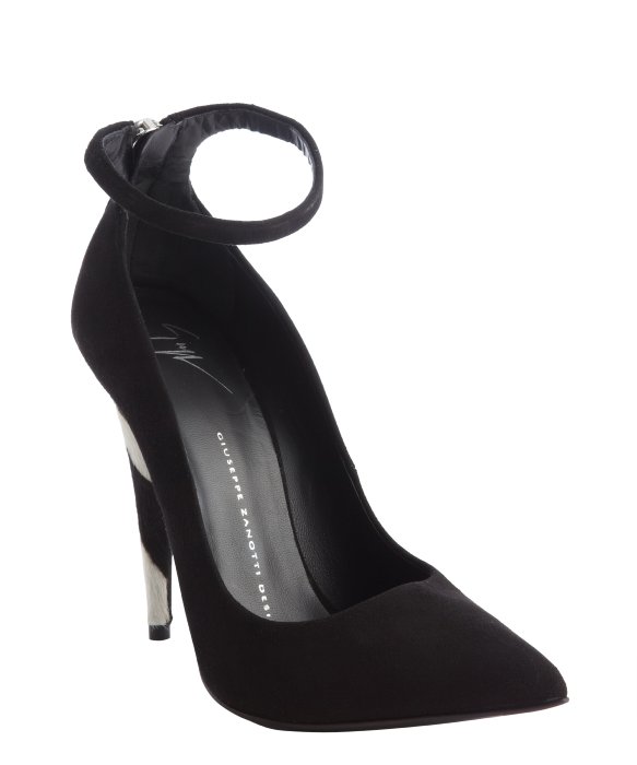 Giuseppe Zanotti : black suede calf hair cover heel buckle strap pumps : style # 333321301