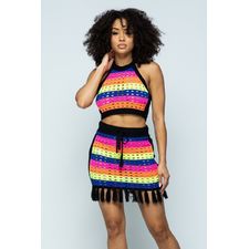 Striped Multi Color Laser Cut Cropped Halter Top/short Skirt Knit 2 Piece Set With Tassels