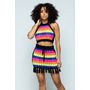 Striped Multi Color Laser Cut Cropped Halter Top/short Skirt Knit 2 Piece Set With Tassels