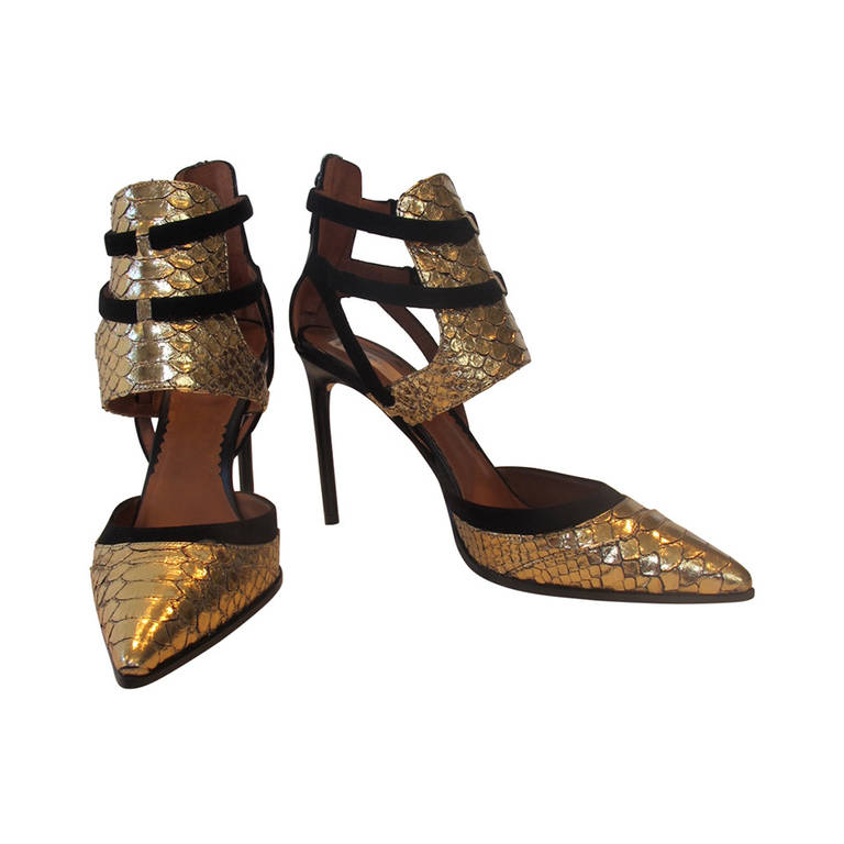 Reed Krakoff Gold Snakeskin and Black Harness Ankle Pumps