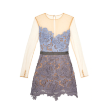 Pastel Lilac Grey Color-block Harmony Cut Out Mesh Sleeve Lace Dress