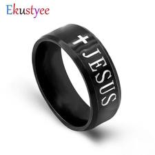 2019 NEW Black Titanium Steel Jesus Rings Cross Prayer Letter Bible Wedding Band Ring Men Jewelry