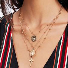 X86 Multilayer Cross Virgin Mary Pendant Beads Chain Christian Neckalce Goddess Catholic Choker Necklace Collier For Women