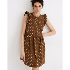 Ruffle-Sleeve Button-Front Mini Dress in Polka Dot in weathered olive