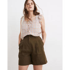 Linen Long Pleated Shorts in kale 