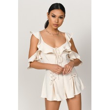  Tiered Ruffle Lace Up Satin Romper in Ivory