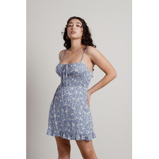 Dainty Daisy Smocked Mini Skater Dress in Blue