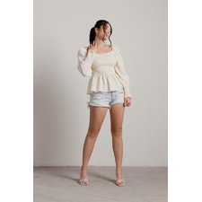  Smocked Puff Long Sleeve Peplum Blouse in Cream