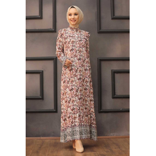 Women's Patterned Ecru Modest Dress