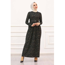 Women's Patterned Black Modest Dress