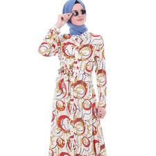 Women's Belted Button Patterned Dress