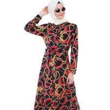 Women's Belted Button Patterned Dress