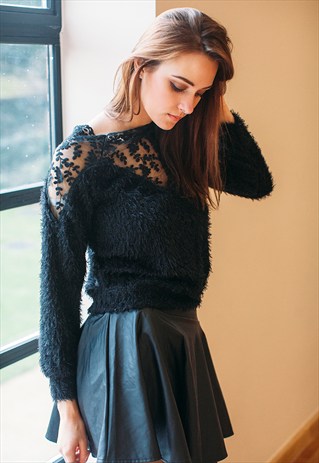 MOHAIR JUMPER WITH LACE INSERT (BLACK)