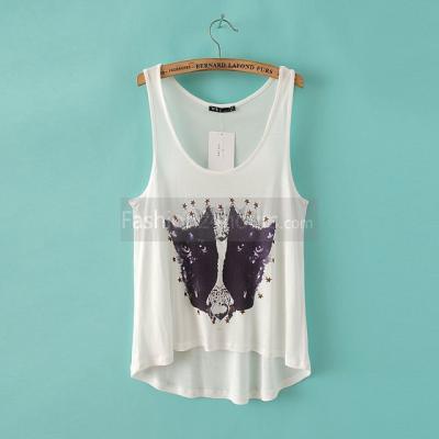 Cute Cats Pattern Women High Low White Tanks with Wide Straps