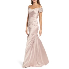 LA FEMME Off the Shoulder Beaded Satin Trumpet Gown, Main, color, CHAMPAGNE