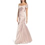 LA FEMME Off the Shoulder Beaded Satin Trumpet Gown, Main, color, CHAMPAGNE