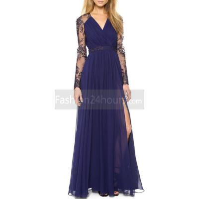 V-Neck Blue Lace Slit Dresses