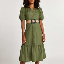 Khaki belted puff sleeve frill midi dress