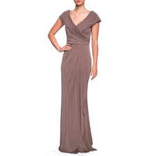 LA FEMME Ruched Jersey Column Gown, Main, color, COCOA