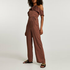Brown sleeveless spot cold shoulder jumpsuit