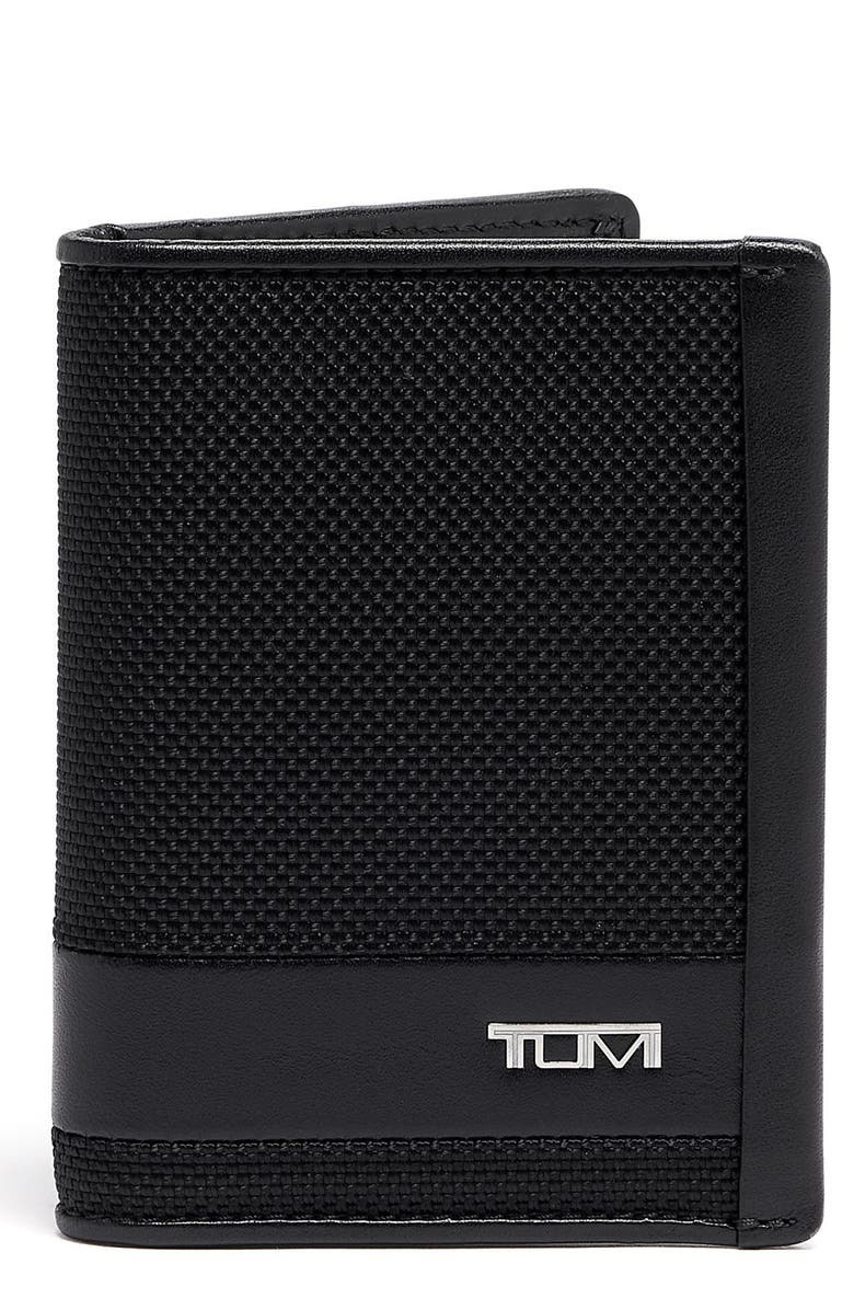 TUMI Alpha Leather &amp; Nylon Bifold Card Case Wallet, Main, color, Black