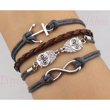 Infinity bracelet,owls bracelet ,anchor bracelet,infinity love,cute owls,braid leather,antique silver,friendship christmas gift,