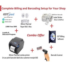 Combo Receipt &amp; Barcode 80mm Printer + Barcode Scanner + GSTpad Billing &amp; Accounting Software + Thermal Receipt and Barcode Rolls