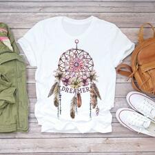 Short Sleeve Dream Feather Fashion Print Ladies T-shirts