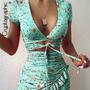 Cryptographic Floral Print Fashion Tie Up Wrap Mini Dress 2021 Summer Holiday Ruffles Sundress Ruched Women's Dress Short Sleeve