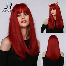 La Sylphide Halloween Cosplay Wig Long Straight Deep Red Synthetic Hair Wigs with Bangs for Black White Woman Heat Resistant Wig