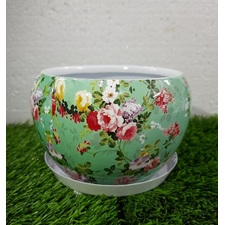 Floral Metal Planter with White Plate (Sea Green)