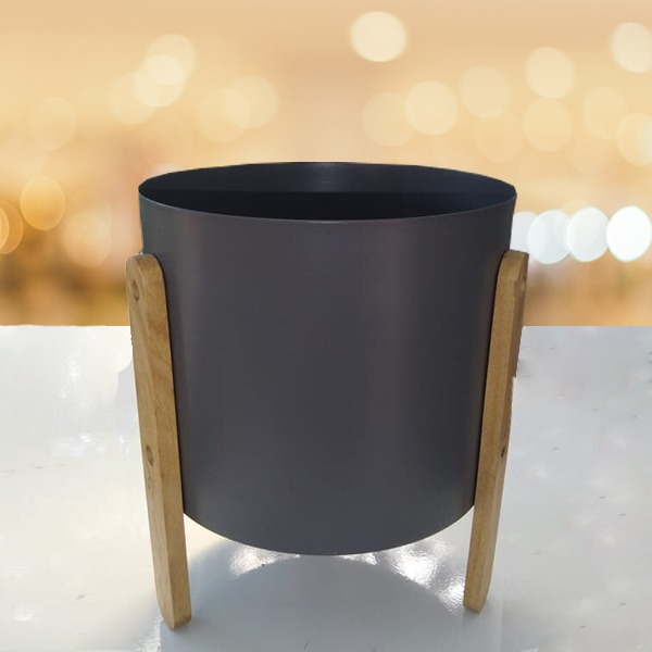 Modern Round Metal Pot with Wooden Stand