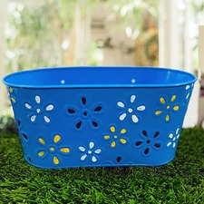 Blue Double hook floral Oval Metal railing planter