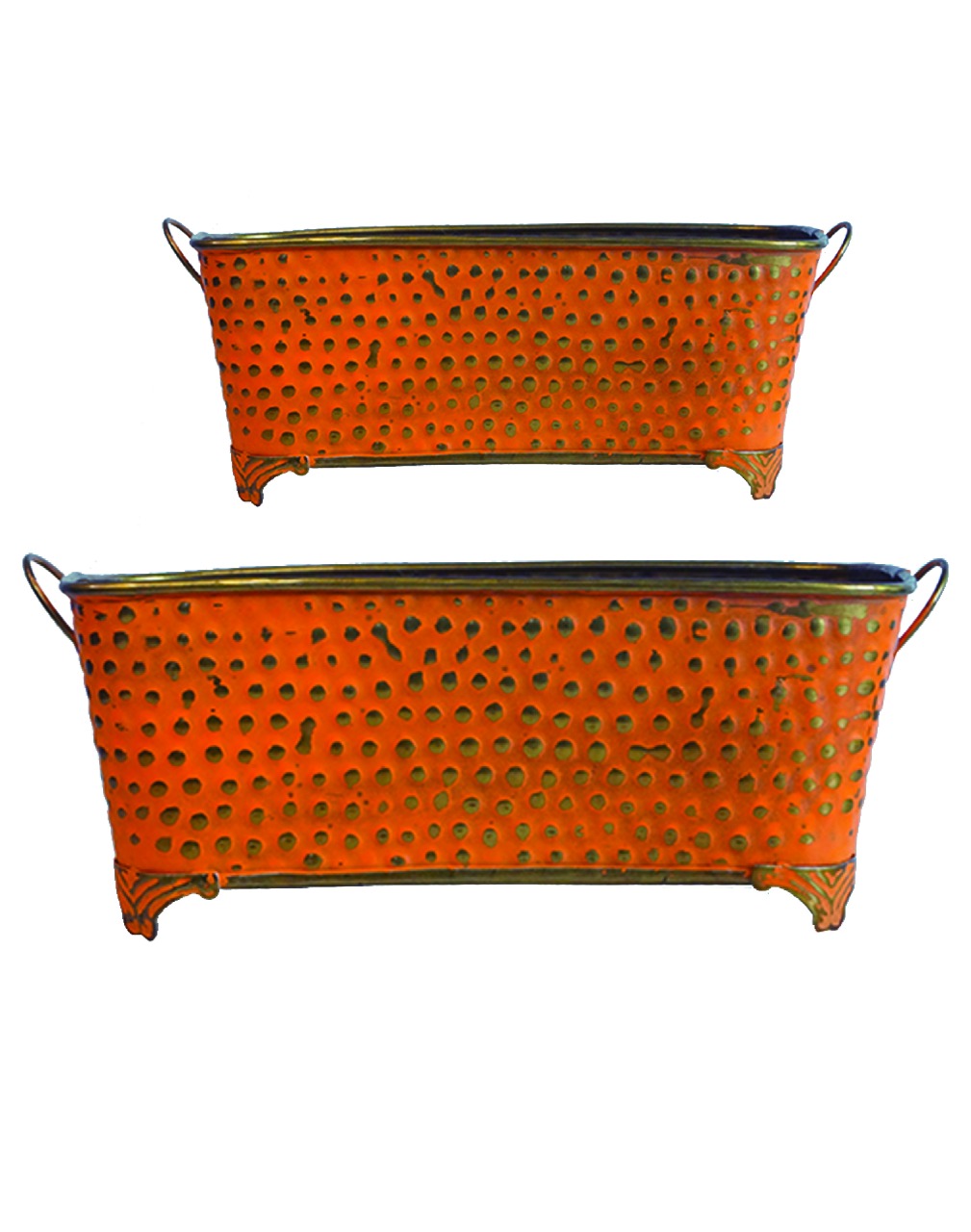 Orange Rustic Metal Rectangular Bucket Patio Planters with Handles (Set of 2)