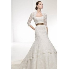 Vogue Strapless Natural Sequins Floor-Length Mermaid Lace Wedding Dresses With Long Sleeves