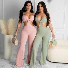 Spaghetti Straps Women Solid Jumpsuit Backless Hollow Out One Piece