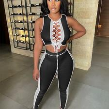 Two Piece Set Lace Up Hollow Out Bandage Tank Top And Long Skinny Pencil Joggers Casual Outfits