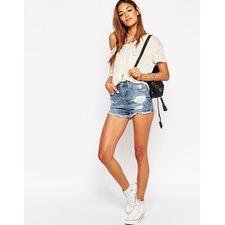 Image 1 of ASOS Denim High Waist Shorts in Clapton Mid Wash with Side Splits and Rips