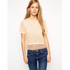 Image 1 of ASOS Cropped T-Shirt In Textured Fabric With Lace Hem