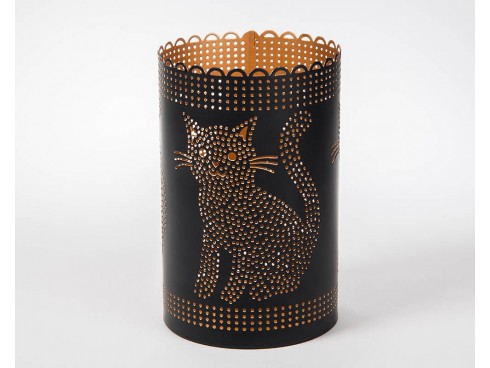 Cat Patterned Black and Gold Powder Coated Tea Light Holder