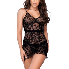 MAPALE Lace Underwire Chemise &amp; Thong Set, Main, color, BLACK