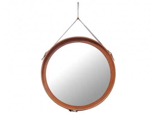 Classic Brown Real Leather round Wall Mirror