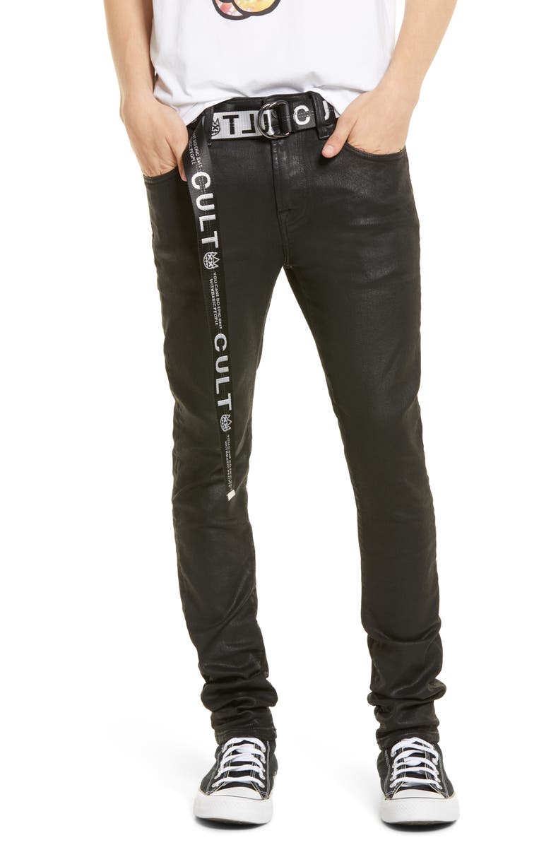 CULT OF INDIVIDUALITY Belted Punk Super Skinny Jeans, Main, color, BLK COATED