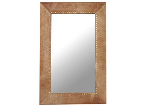 Classic Plain Brown Brass Studded Imported Hairon Leather Wall Mirror