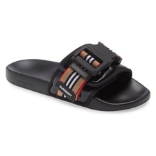 BURBERRY Cameron Icon Stripe Buckle Slide Sandal, Main, color, BLACK