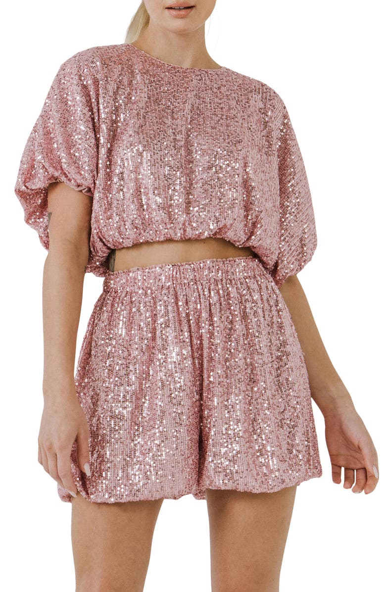 ENDLESS ROSE Sequin Puff Crop Top, Main, color, PINK