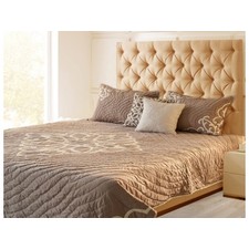 Crewel Embroidered Beige / White Hand Quilted Cotton Bedspread