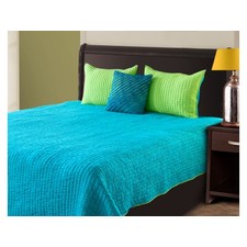 Kantha stitch Embroidered Blue / Green Reversible Quilted Bedspread 