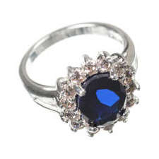 Silver Plated Ring with Blue Sapphire Stone Effect Centre - in the style of Kate Middleton 