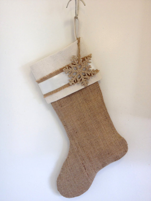 Burlap Christmas Stocking - Embellished with Gold Snowflake